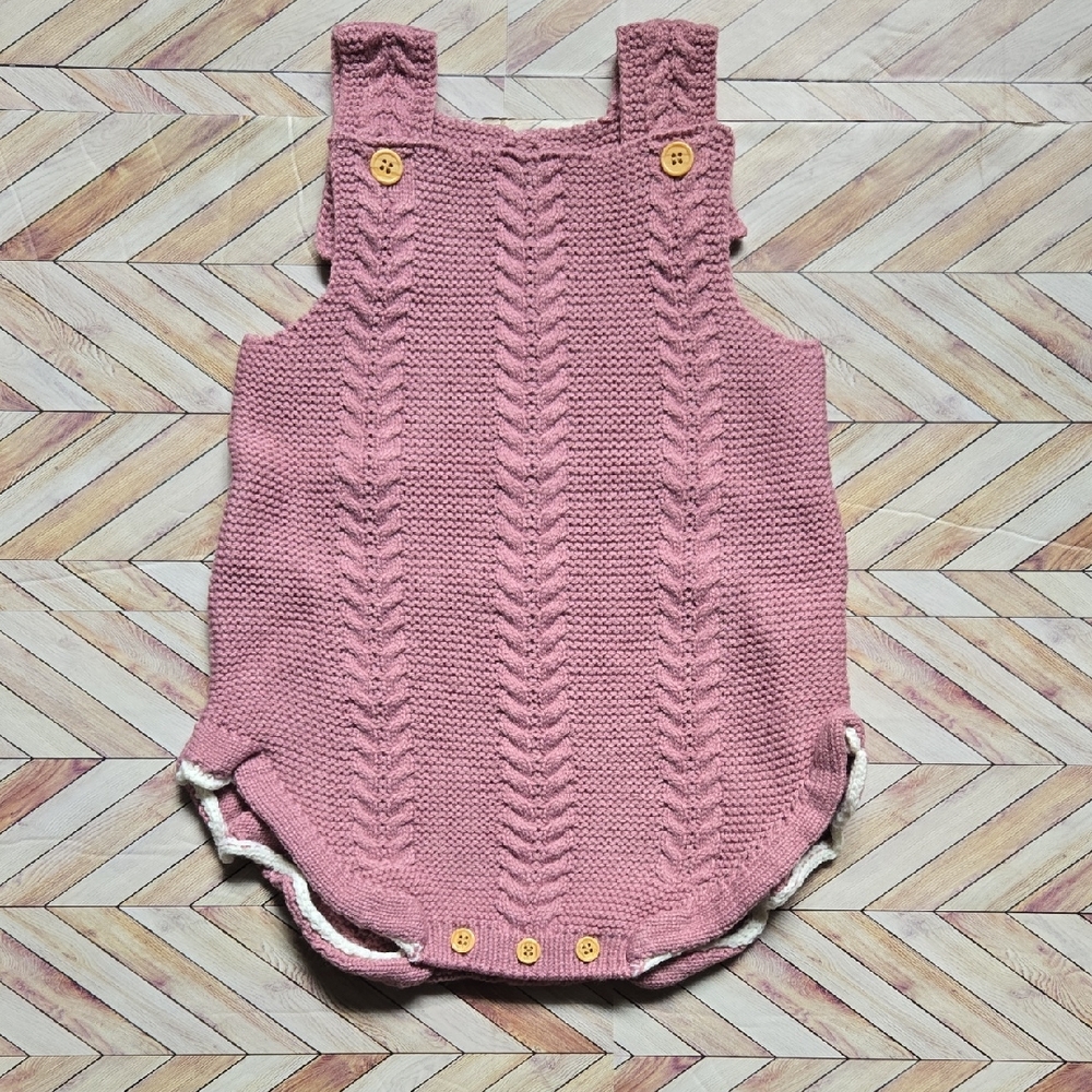 Boho Baby Toddler Girl Knit Romper Dusty Rose Pink Cable Stitch Overalls Sunsuit